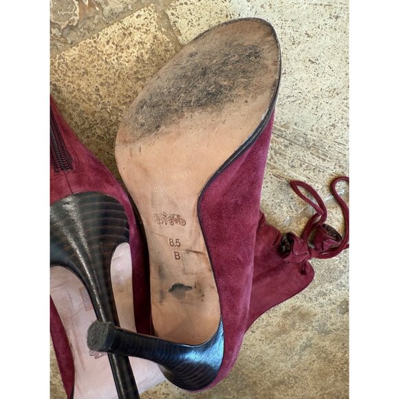 Coach Burgundy Suede Peep-Toe Lace-Up Stiletto Booties Size 9 - Picture 8 of 10
